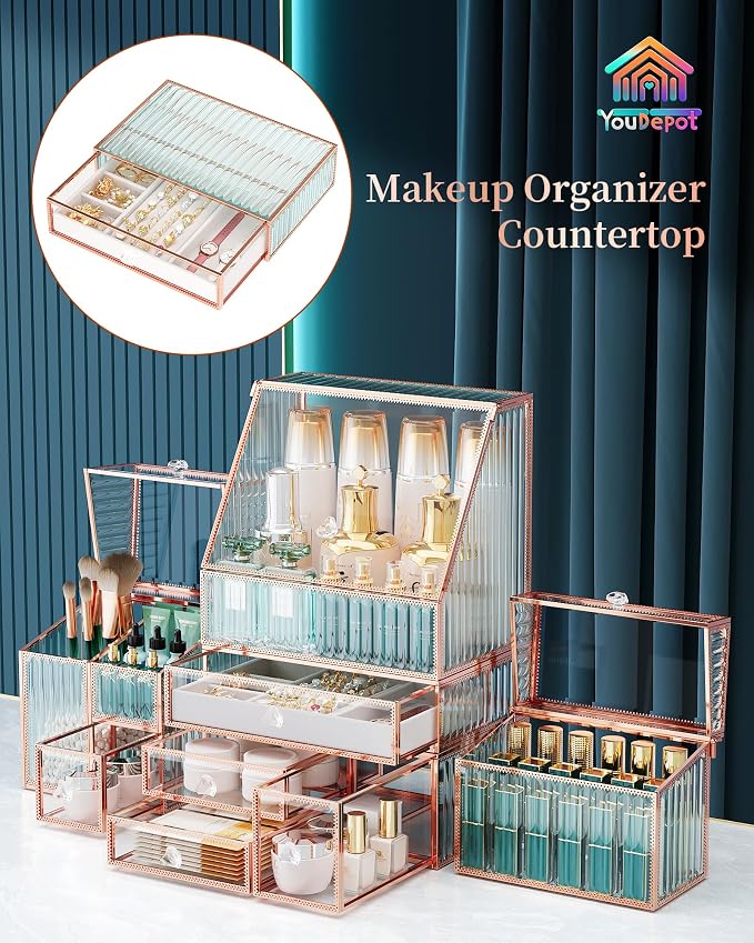 Youdepot Large Makeup Organizer, Glass Cosmetic Storage with Drawers, Stackable Makeup and Jewelry Organizer for Vanity Table, Bathroom Countertop, Skincare, Lipsticks, Perfume, Brushes - Image 2