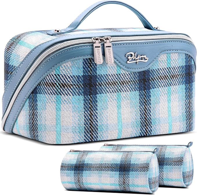 BOYATU Travel Makeup Bag for Women: Scottish Plaid 3 Pcs Set Cosmetic Organizer Bag - 180° Open Large Spacious Holds 50% More Cosmetics - Waterproof Leather Checkered Toiletry Bag (05-Blue) by BOYATU