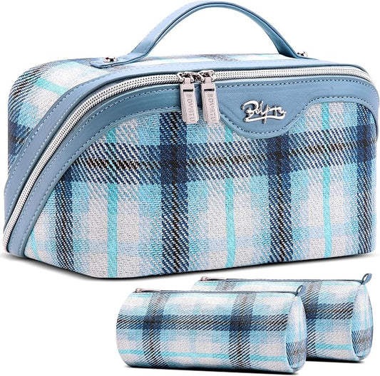 BOYATU Travel Makeup Bag for Women: Scottish Plaid 3 Pcs Set Cosmetic Organizer Bag - 180° Open Large Spacious Holds 50% More Cosmetics - Waterproof Leather Checkered Toiletry Bag (05-Blue) by BOYATU