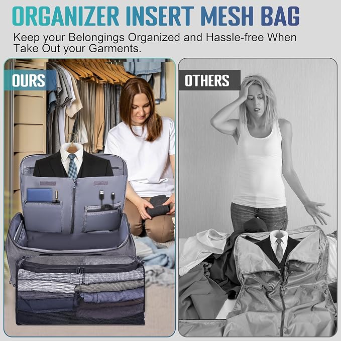 HILOMON Convertible Duffle Bags for Travel Carry On Suit Duffle Bags with Shoulder Strap 2 in 1 Hanging Garment Duffle Bag for Men Women (Gray Mesh Storage) - Image 2