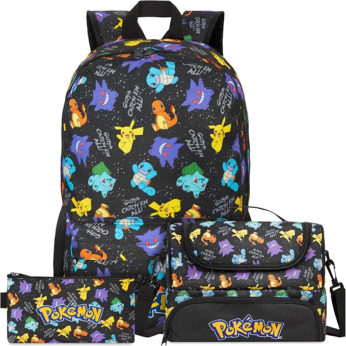 Get Trend Pokemon Boys Backpack, Lunch Bag & Pencil Case, 3 Piece Set | 18 inch Bookbag, Adjustable Padded Straps, Insulated Lunch Bag, Pencil Pouch, School Supplies, Pikachu Gamer Gifts for Boys by GetTrend