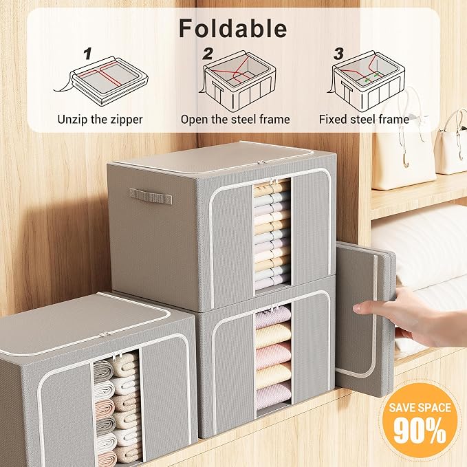 Clothes Storage Bins with Metal Frame Foldable Storage Box Clothes Organizers Storage Containers for Clothes Sheets Blankets Books Toys Gifts and Holiday Decorations (66Lx3 Pack) - Image 3