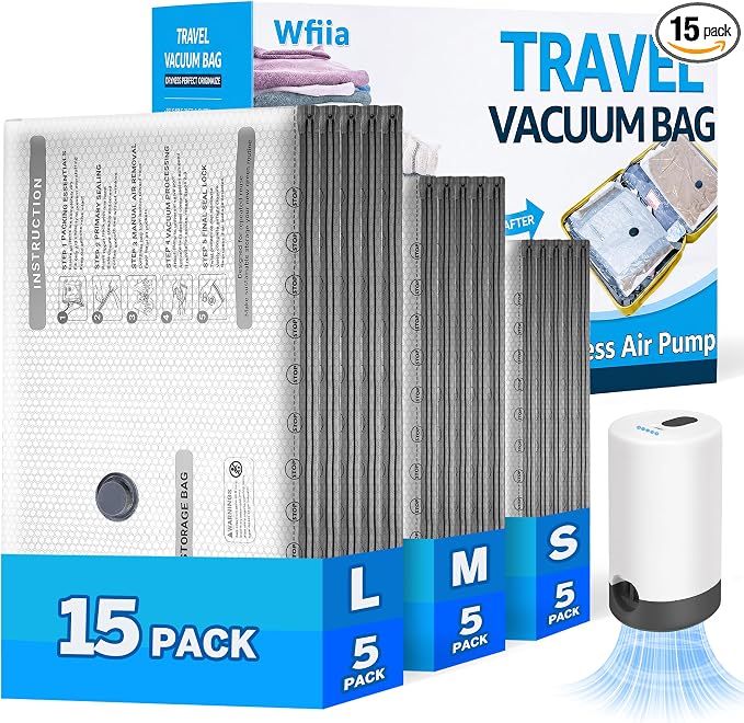 15 Packs Vacuum Bags for Travel with Rechargeable Pump, 3 Sizes Vacuum Seal Bags for Clothing, Compression Vacuum Travel Bags for Luggage, Vacuum Packing Bags for Closet Organization by Wfiia