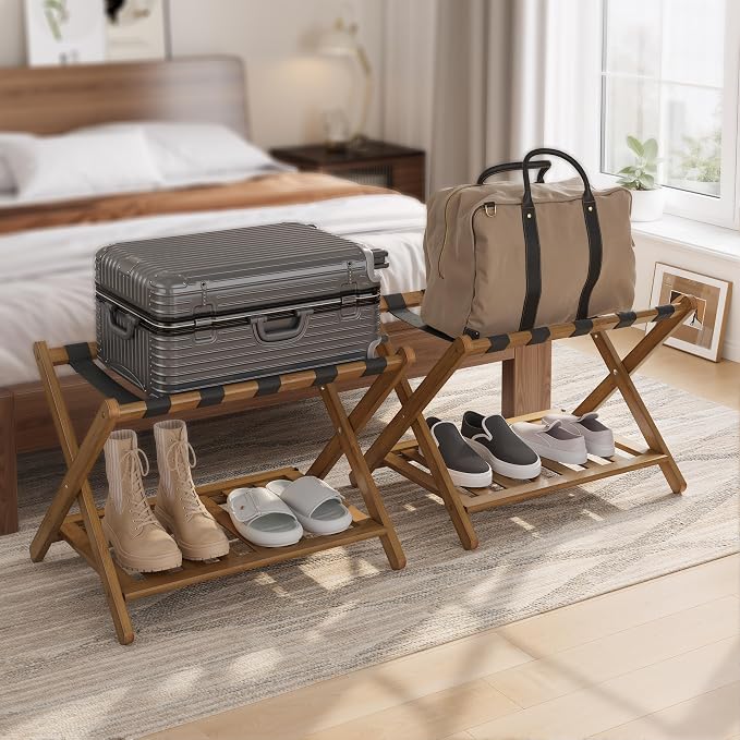 Smuxee Fully Assembled Black Walnut Luggage Racks Pack of 2, Upgraded Bamboo Foldable Suitcase Stand with 5 Nylon Straps, Luggage Holder with Shelf for Guest Room Bedroom Hotel by Smuxee