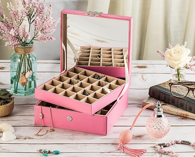 Glenor Co Earring Organizer - Classic 50 Section Jewelry Box/Case/Holder for Earrings, Rings, Necklaces, Jewelry, Cufflinks or Collections -2 Layer Small Compartments with Large Mirror - Pink - Image 2