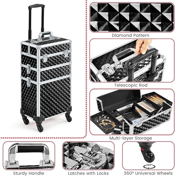Yaheetech Rolling Makeup Train Case 3 in 1 Cosmetic Case Large Capacity Organizer with Swivel Wheels Key Cosmetic Trolley for Nail Tech Makeup - Black - Image 6