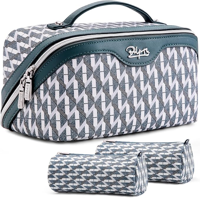 BOYATU Travel Makeup Bags for Women: Large Capacity Cosmetic Bag Set of 3 - Vegan Leather Make up Bags with Compartments - Wide Open Waterproof Toiletry Organizer Bag with Handle (P-01-Royal blue) by BOYATU
