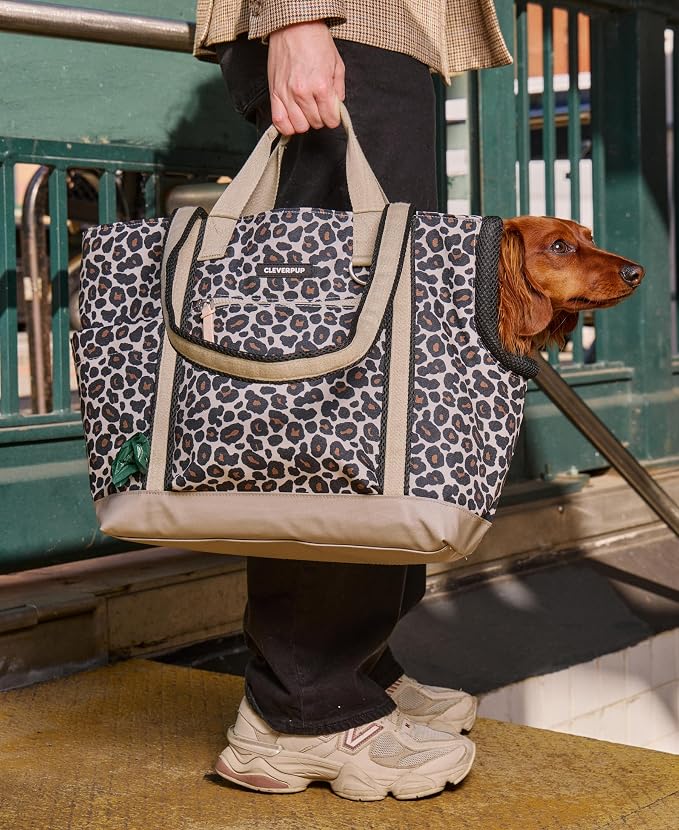 Cleverpup Transit Tote Dog Carrier for Small/Medium Dogs 8-20 lbs, 19x12x9 Soft-Sided 4-Pc Set with Waterproof Base, Plush Insert, Food Pouch, Mesh Head Opening - Medium, Leopard - Image 6