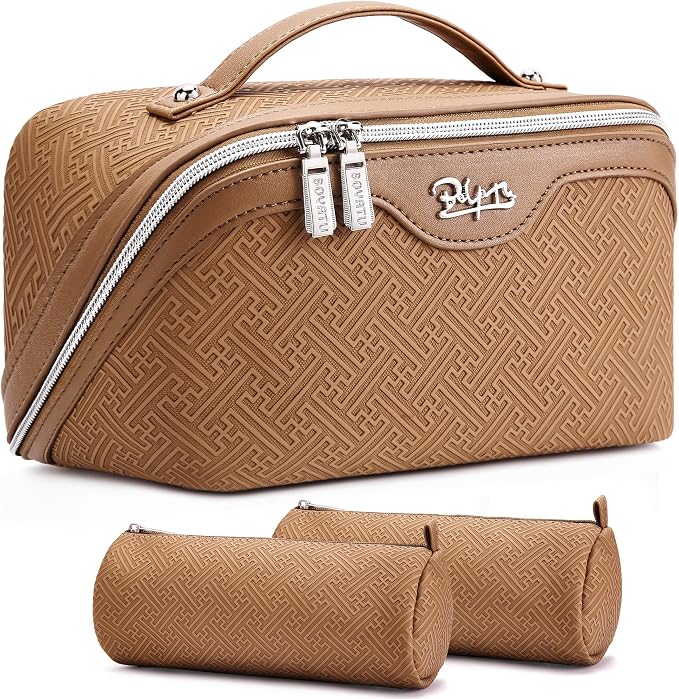 BOYATU Travel Makeup Bags for Women: Vintage Roman Column Texture | Each Journey, Quiet Luxury Serenity - 3 Pcs Set Large Capacity Cosmetic Bag Organizer Toiletry Purse(Brown) by BOYATU