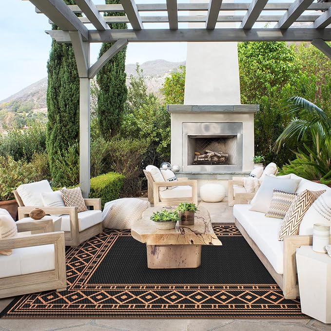 GENIMO Outdoor Rug, Waterproof Plastic Rugs for Patio, 6'x9' Blcak Orange | Outside Larger Modern Carpet Mat for Porch Decor, Deck, Balcony, Camping, RV, Backyard, Picnic, Beach, Reversible - Image 2
