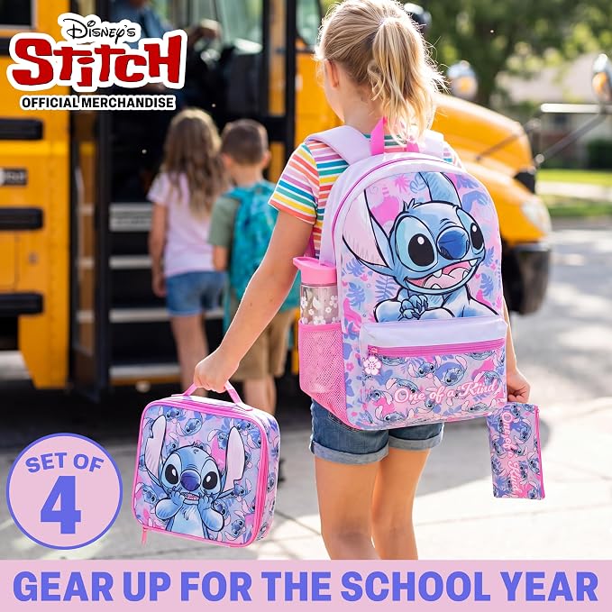 Get Trend Disney Stitch Kids Backpack 4 Piece Set | 18 inch Bookbag, Insulated Lunch Bag, Zipped Pencil Case & BPA-Free Water Bottle for School & Travel, Gifts for Girls - Image 2