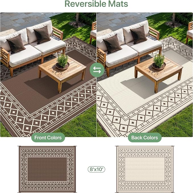GENIMO Outdoor Rug Waterproof for Patio, 8'x10' Foldable Reversible Plastic Straw Carpet for Travel Trailers, Outside Area Mat for Rv, Deck, Picnic, Porch, Camper, Balcony, Beach, Coffee & Beige | Outside Larger Modern Carpet Mat for Porch Decor, Deck,... - Image 4