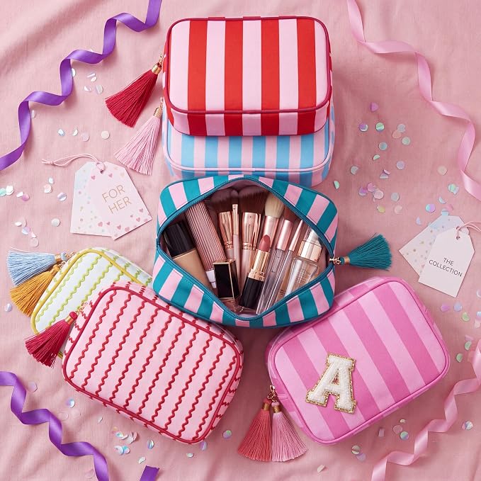 Kacctyen 6 Pack Mixed Color Striped Makeup Bag bulk with Tassel Travel Cosmetic Pouch Organizer Large Zipper Toiletry Case for Women Aesthetic Storage Pouch Mahjong Tile Bag - Image 6