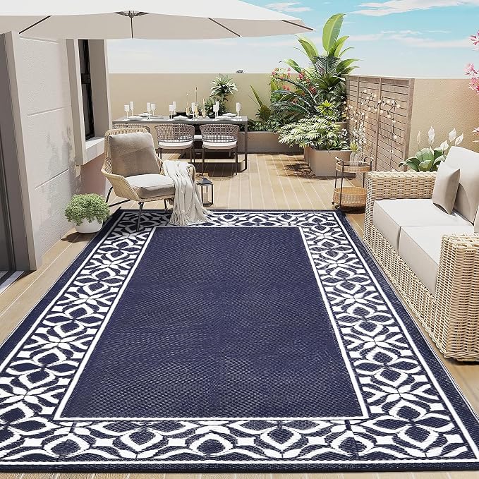 PureCozy Outdoor Plastic Straw Rug Navy Blue Large Outside Waterproof Outdoor Patio 6x9 Carpet Geometric Reversible Mat Modern for Camping RV Porch Deck Balcony Beach by PureCozy