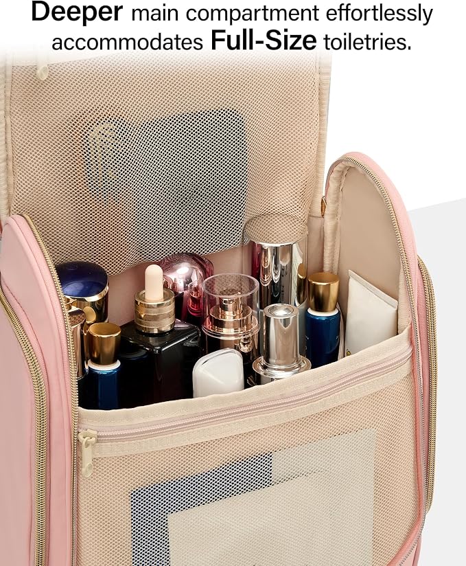 Hanke Hanging Travel Toiletry Bag for Men and Women, Water-Resistant Toiletries Bag Makeup Organizer with Hook, Cosmetic Bag for Bathroom & Travel Essentials Accessories, Pink - Image 4