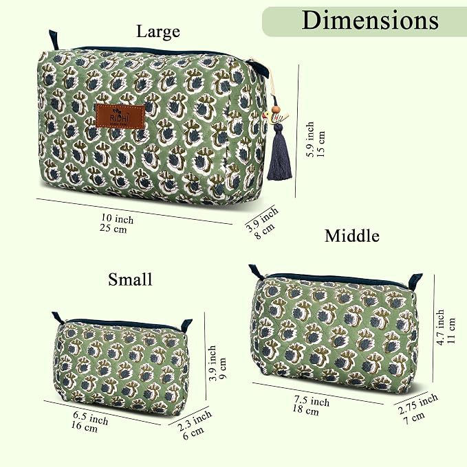 Ridhi Basil Green Hand Block Printed Floral Toiletry Bag For Women 100% Cotton Quilted Set of 3 Waterproof Inner Lining, Cosmetic Jewelry Organizer, Travel Pouch, Essential Storage Purse Gifts - Image 3