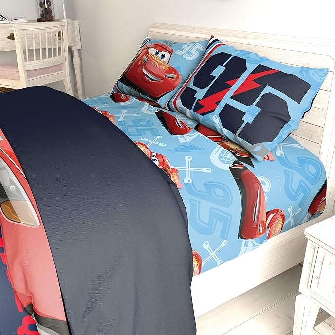 Jay Franco Kids Sheet Set with Fitted, Flat Sheets & Pillow Cover - Ultra-Soft Bedding with Pillowcase for Room Decor, Blue - Cars, 4 Piece Full - Image 6