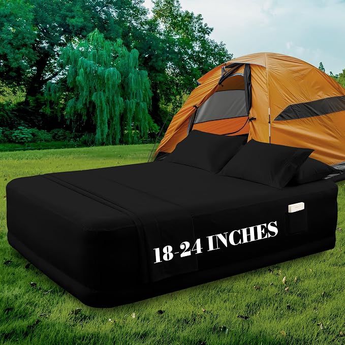 Mocassi 4-Piece Extra Deep Pocket 16-24 Inch Air Mattress Bed Sheet Set- 4PC Sheet Set with Smart Pockets Ideal for Air Beds, RVs, Camping and Guest Rooms Premium Hotel Quality, Full, Black - Image 6
