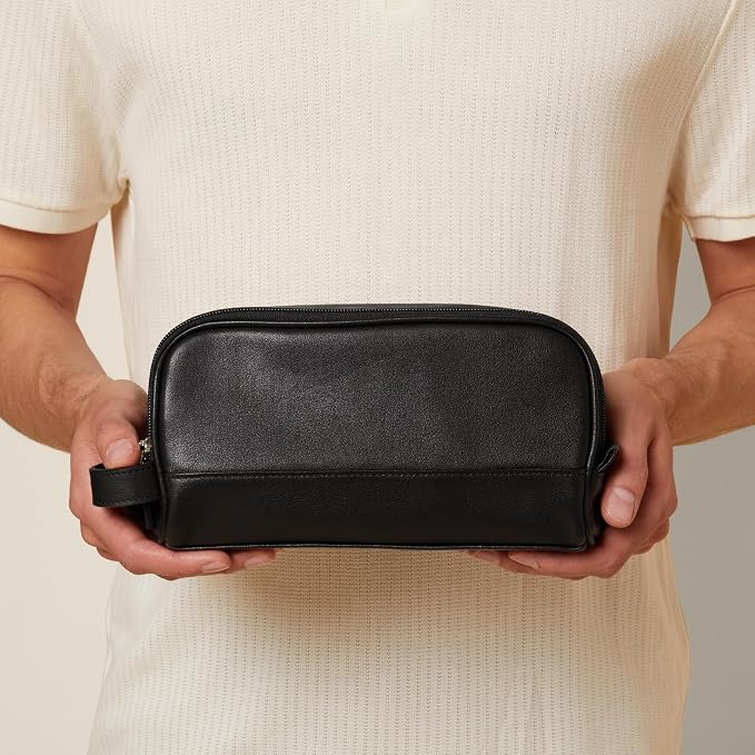 Leatherology Black Onyx Leather Toiletry Bag – Small Double Zip Dopp Kit – Full Grain Leather Travel Organizer with Water-Resistant Lining – Compact Grooming Bag for Men or Women - Image 2
