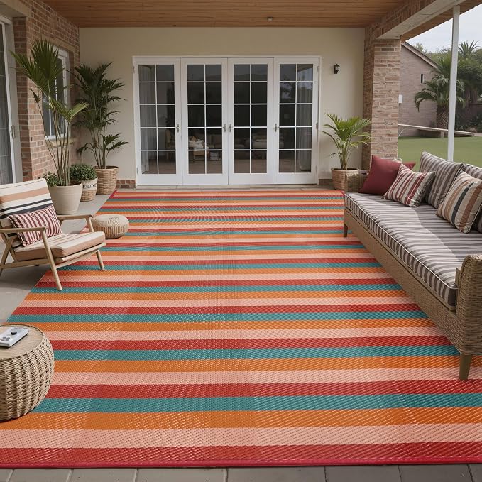 PureCozy Outdoor Waterproof Patio Rug 10x14 Plastic Straw Reversible Outside Orange Red Colorful Striped Carpet Lightweight Large Rug for Camping RV Porch Deck Balcony Beach - Image 3