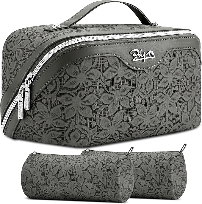 BOYATU Travel Makeup Bag Cosmetic Bags for Women: Large Capacity 3 Pcs Set Make up Bag with Compartments - Waterproof Vegan Leather Toiletry Organizer Bags with Handle (Z-62Grey) by BOYATU