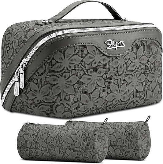 BOYATU Travel Makeup Bag Cosmetic Bags for Women: Large Capacity 3 Pcs Set Make up Bag with Compartments - Waterproof Vegan Leather Toiletry Organizer Bags with Handle (Z-62Grey) by BOYATU