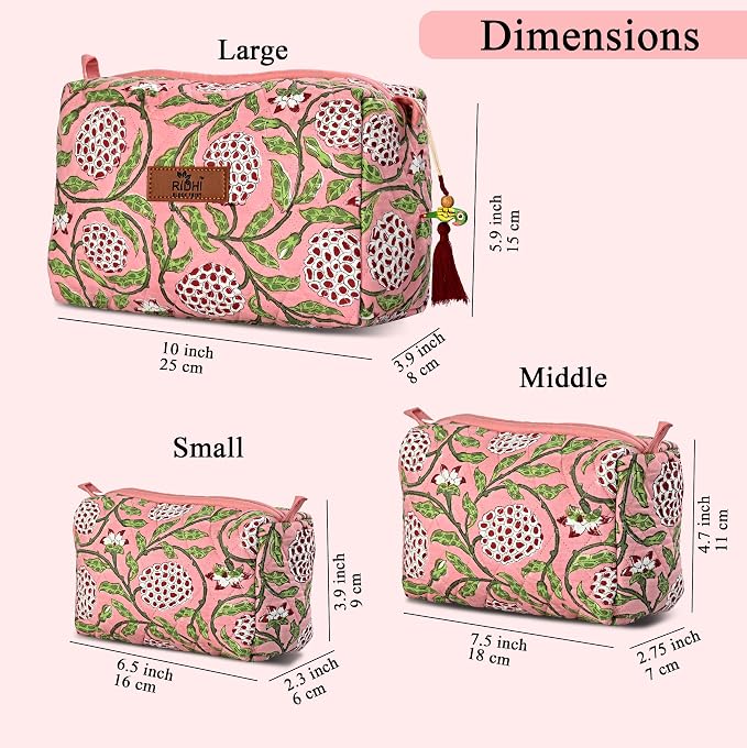Ridhi Strawberry Pink Hand Block Printed Floral Toiletry Bag For Women 100% Cotton Quilted Set of 3 Waterproof Inner Lining, Cosmetic Jewelry Organizer, Travel Pouch, Essential Storage Purse Gifts - Image 3