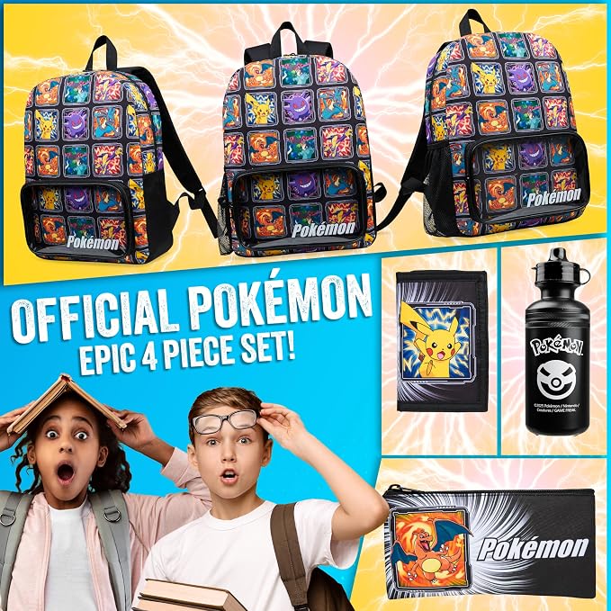 Pokemon Backpack Set 4 Pcs for Kids with Backpack Water Bottle Pencil Case Lunch Bag or Wallet Anime School Supplies Gifts (Multi 4 Pcs Set) - Image 2