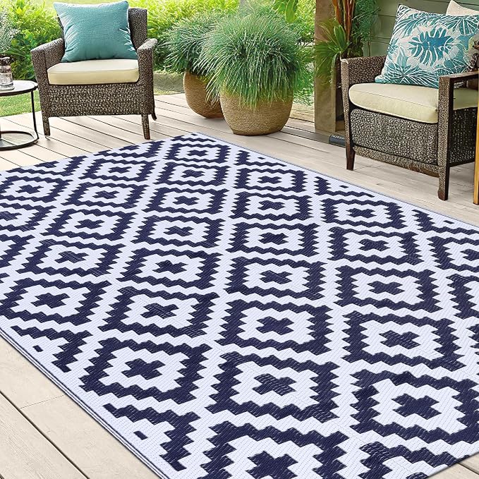Smiry Waterproof Outdoor Rug 5x8 ft, Reversible Plastic Straw Patio Camping Rugs, Outdoor Indoor RV Mat Carpet for Patio, Outside Entry, Backyard, Deck, Bench, Picnic, Camper, White & Navy - Image 6