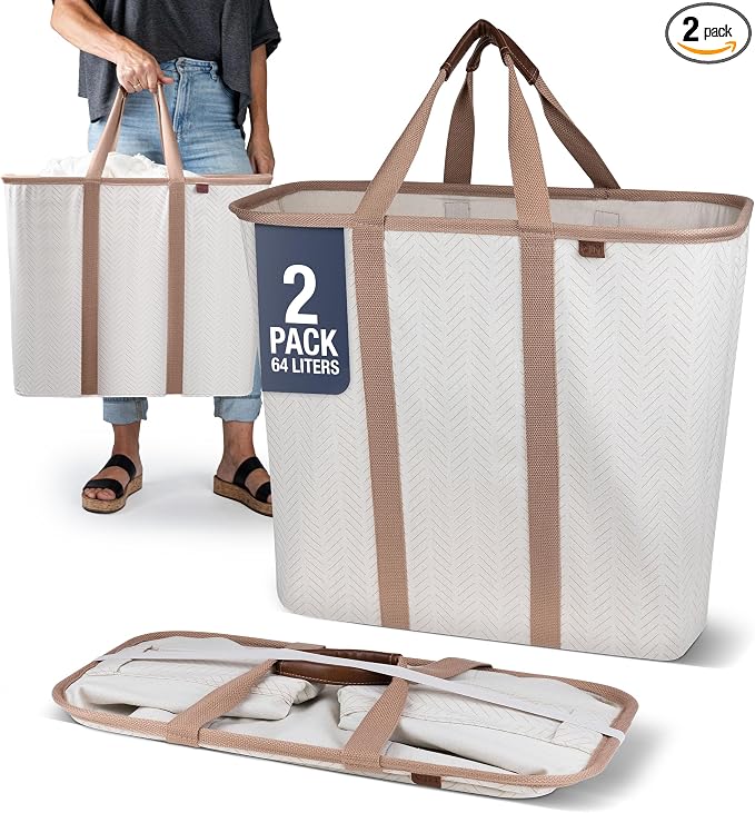 CleverMade LUXE Collapsible Laundry Caddy, 64L, 2 Pack, Cream Herringbone | Refined fabric and vegan leather details suit open rooms. The structured frame carries 2 loads and folds flat for storage. by CleverMade