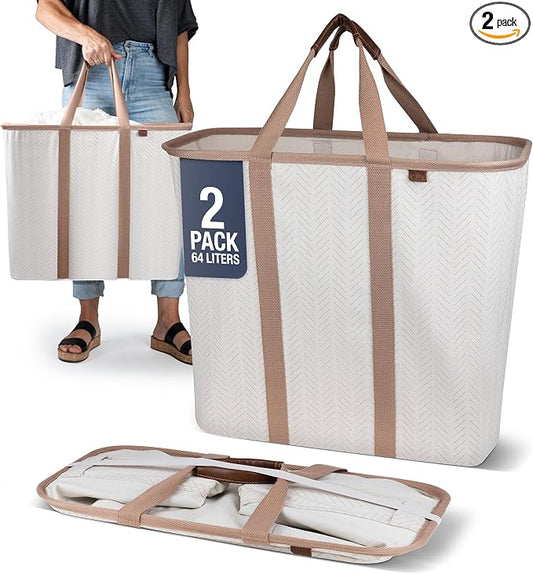 CleverMade LUXE Collapsible Laundry Caddy, 64L, 2 Pack, Cream Herringbone | Refined fabric and vegan leather details suit open rooms. The structured frame carries 2 loads and folds flat for storage. by CleverMade