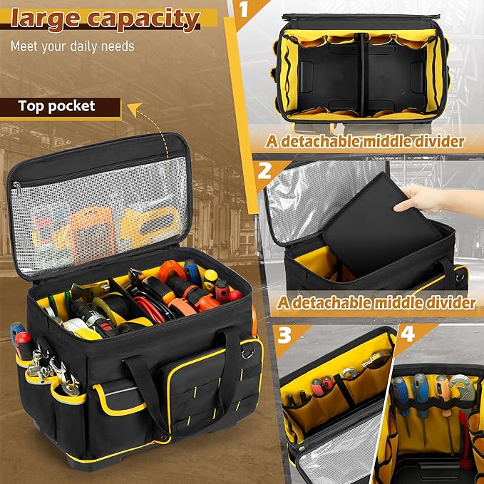 Marscamd 16-inch Tool Bag with Hard Bottom and a Detachable Divider | Heavy Duty Tool Tote with Multiple Pockets & Detachable Shoulder Strap, Black - Image 3