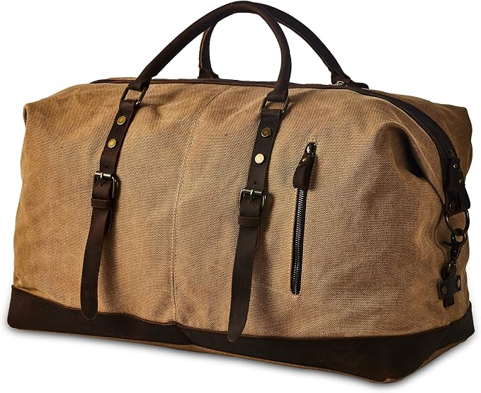 Oversized Washed Canvas Duffel Bag for Men | Large canvas weekender for men with genuine leather trim, adjustable strap and roomy storage for overnight and road trips by BRASSTACKSLeathercraft