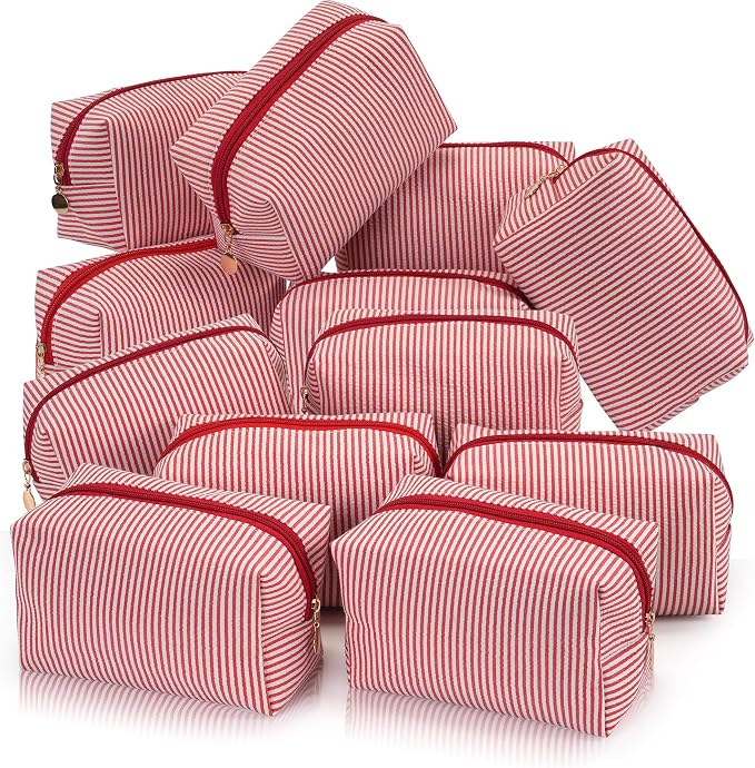 Makeup Bag Set for Women, 12PCS Travel Cosmetic Bags Pencil Case, Striped Seersucker Toiletry Organizer Pouches, Cute Makeup Pouch for Purse, Accessories and Gifts, Red by Unknown
