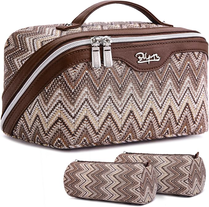 BOYATU Travel Makeup Bag for Women: Western Boho Make up Bag Set of 3 - Large Capacity Vegan Leather Cosmetic Bag - Waterproof Toiletry Bag with Compartments & Handle & Divider(J-2-Brown) by BOYATU