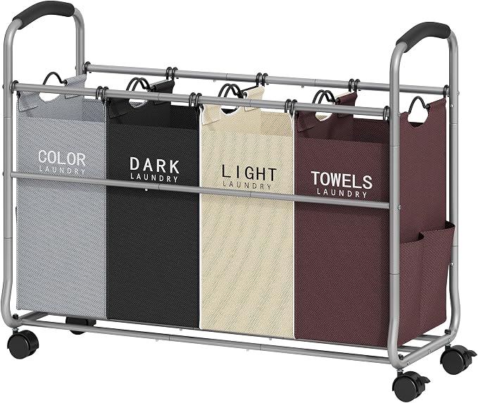 Tajsoon Laundry Sorter 4 Sections, Laundry Separator Hamper with Heavy Duty Lockable Rolling Wheels, Laundry Divider with Removable Bags for Dirty Clothes Storage, 4 Colors by Tajsoon