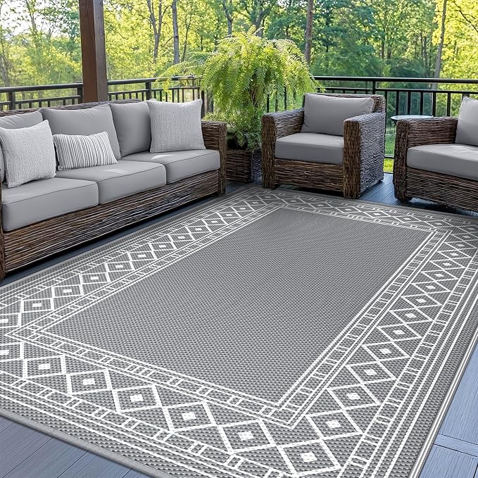 GENIMO Outdoor Rug Waterproof for Patio Decor, 6'x9' Reversible Plastic Straw Area Carpet, Camping Outside Mat for Outdoor, RV, Deck, Camper, Balcony, Picnic, Grey & White | Outside Larger Modern Carpet Mat for Porch Decor, Deck, Balcony, Camping, RV, ... by GENIMO
