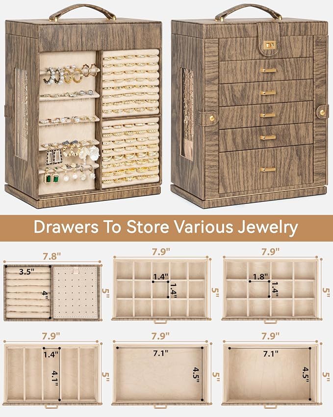 AKOZLIN 6-Tier Jewelry Box Organizer Functional 5 Drawers Leather Jewelry Storage Case for Women Girls Ring Necklace Earring Bracelet Holder Organizer with Mirror XL Wood Grain 360° Rotating - Image 3