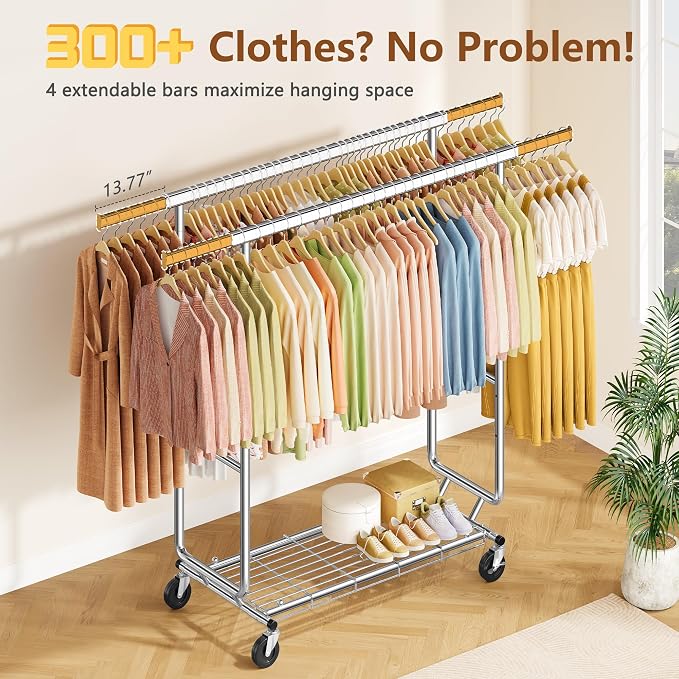 Hoctieon 2-Minute Assembly Double Rod Clothes Rack, Heavy Duty Rolling Clothing Racks with Wheels, Foldable Commercial Garment Rack, Extendable Hanging Bar, Adjustable Metal Pole with Hooks, Chrome - Image 3