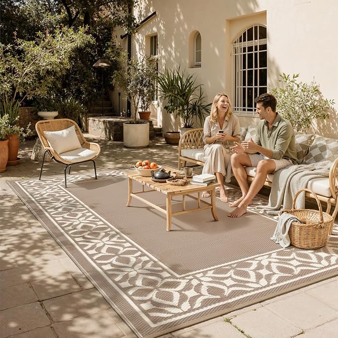 PureCozy Outdoor Plastic Straw Rug Beige Brown Large Outside Waterproof Outdoor Patio 8x10 Carpet Geometric Reversible Mat Modern for Camping RV Porch Deck Balcony Beach - Image 2