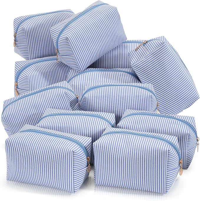 Makeup Bag Set for Women, 12PCS Travel Cosmetic Bags Pencil Case, Striped Seersucker Toiletry Organizer Pouches, Cute Makeup Pouch for Purse, Accessories and Gifts, Blue by Unknown