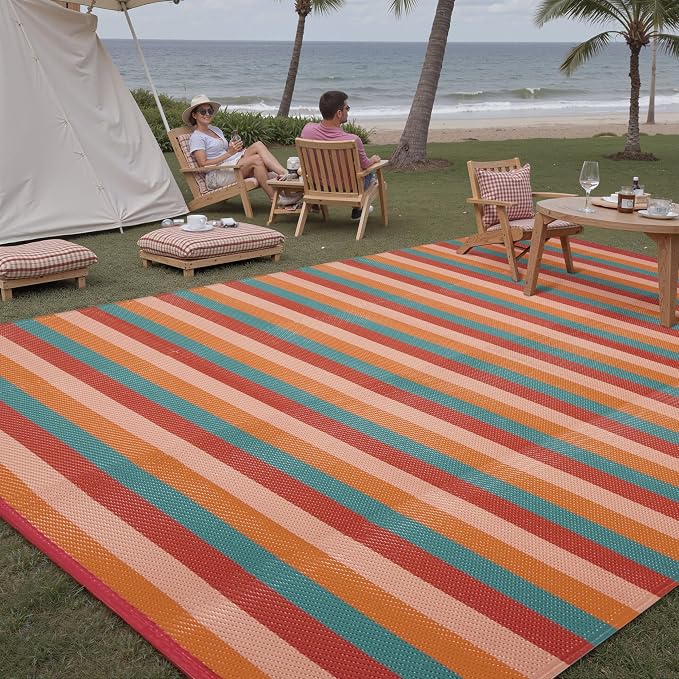 PureCozy Outdoor Waterproof Patio Rug 10x14 Plastic Straw Reversible Outside Orange Red Colorful Striped Carpet Lightweight Large Rug for Camping RV Porch Deck Balcony Beach - Image 4