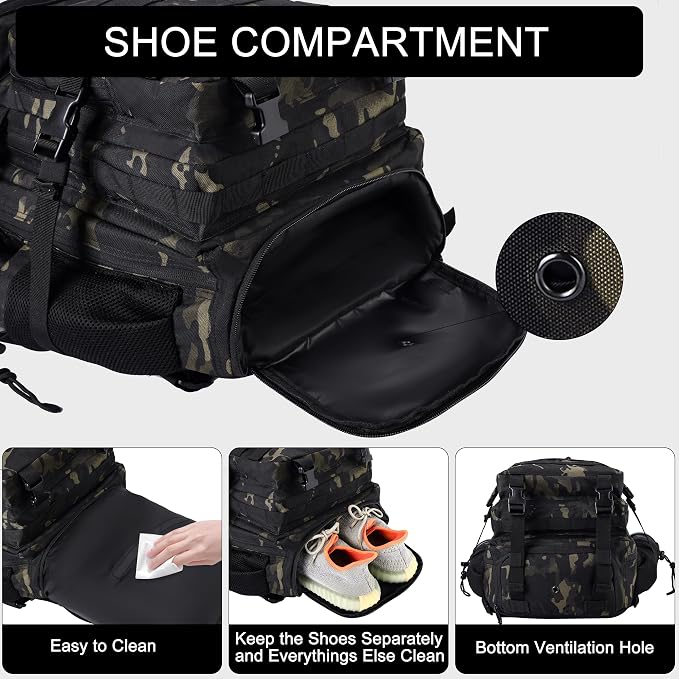 LHI Military Tactical Backpack for Men and Women 45L Army 3 Days Assault Pack Bag Large Rucksack with Shoe Compartment - Black CP - Image 7