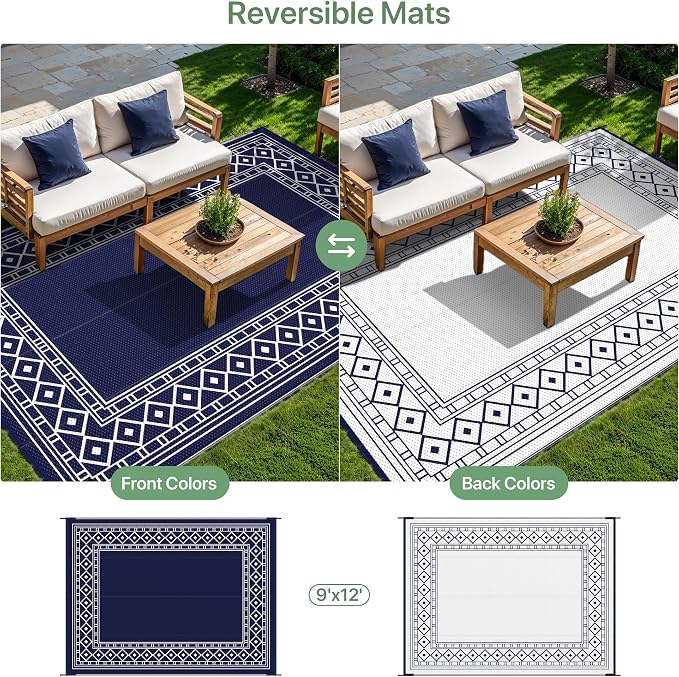 GENIMO Outdoor Rug Waterproof for Patio Decor, 9'x12' Foldable Reversible Plastic Straw Carpet for Travel Trailers, Outside Area Mat for Rv, Deck, Picnic, Porch, Camper, Balcony, Beach, Blue & White | Outside Larger Modern Carpet Mat for Porch Decor, D... - Image 4