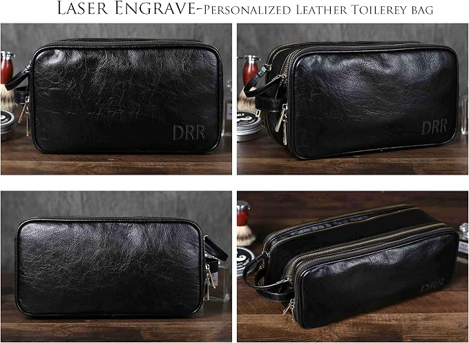 Travel Toiletry Bag for Men Leather Dopp Kit Bags Personalized Christmas Gift Black - Image 3