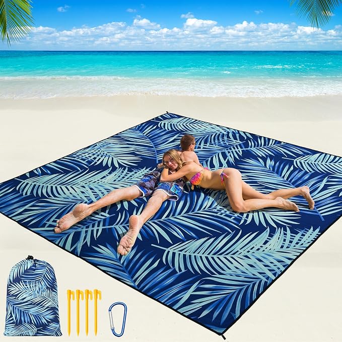 WIWIGO Beach Blanket Waterproof Sandproof Beach Mat 79" X 83"/10'x9'for 2-8 Adults Quick Drying Outdoor Picnic Mat Beach Accessories for Travel, Camping, Hiking by WIWIGO