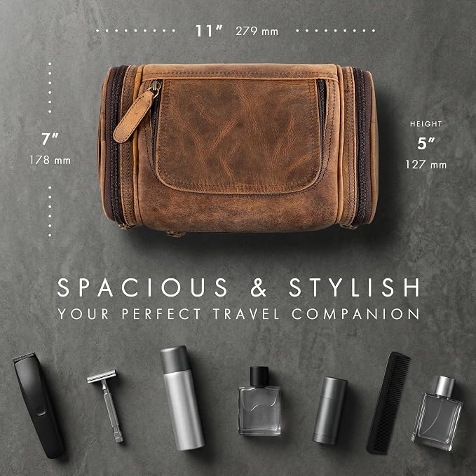 ELIZO Real Leather Toiletry Bag for Men - Large Hanging Travel Organizer for Toiletries, Ideal for Dopp Kit & Shaving Kit for Men, Essential Mens Travel Toiletry Bag for Toiletries (Grizzly) - Image 2