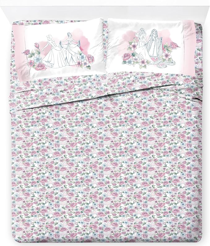 Jay Franco Kids Sheet Set Includes Sheets and Pillow Cover - 100% Microfiber Bedding and Room Decor, Pink - Disney Princess, 4 Piece Queen by JayFranco