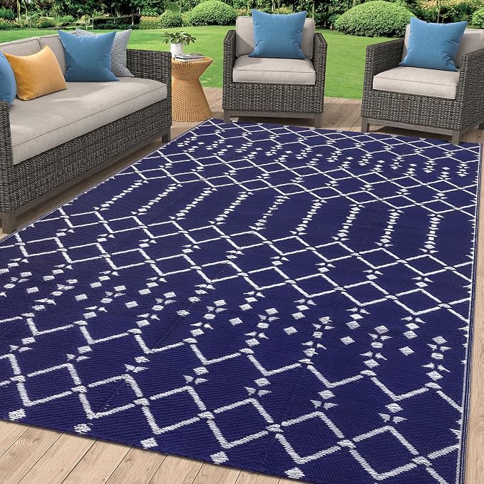 Smiry Outdoor Rug 6x9 ft, Waterproof Reversible Plastic Straw Rugs, Boho Outdoor Area Rug, Outside Floor Mat for Patio, Backyard, Deck, Picnic, Beach, Camping, Navy by Smiry