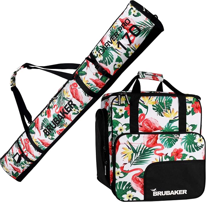 BRUBAKER Combo Set CarverSpotlight - Ski Bag and Ski Boot Bag for 1 Pair of Skis + Poles + Boots + Helmet - Flamingos - 66 7/8 Inches / 170 Cm by BRUBAKER
